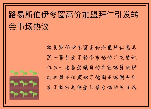 路易斯伯伊冬窗高价加盟拜仁引发转会市场热议